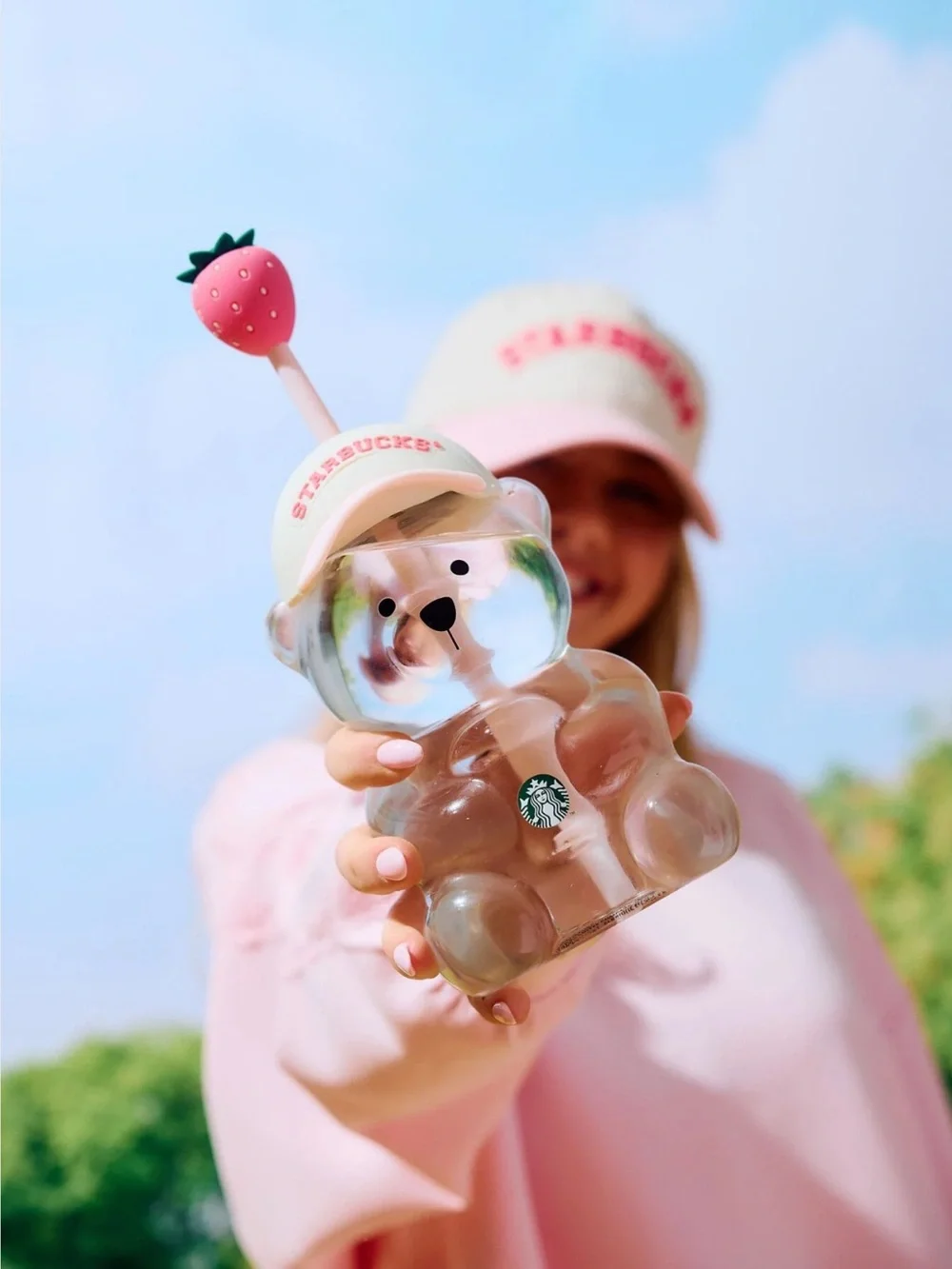 Starbucks Pink Bearista Cup & Pink Strawberry Glass Tumbler